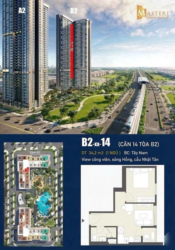Mua chung cư 1PN+1 ban công Tây Nam - DT: 34.2m2 nhìn ra Công viên, Cầu Nhật Tân Masterise Homes Vinhomes Cổ Loa